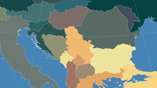 Serbia Jej Sąsiedztwo Daleka Perspektywa Skośna Brak Konturu Kolorowa Mapa — Zdjęcie stockowe