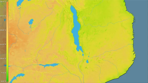 带有图例的立体投影中马拉维地区白天平均气温变化 光栅层的原始成分 — 图库照片