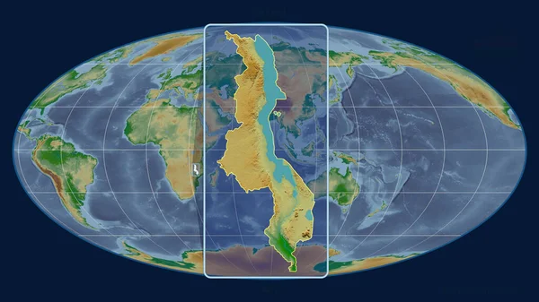 Közelíts Malawi Körvonalaira Egy Globális Térképpel Szemben Mollweide Projekcióban Alakzat — Stock Fotó