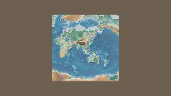 Square frame of the large-scale map of the world in an oblique Van der Grinten projection centered on the territory of Vietnam. Color physical map