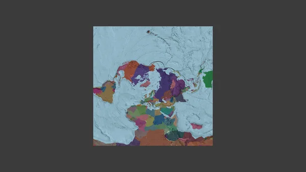 Square frame of the large-scale map of the world in an oblique Van der Grinten projection centered on the territory of Svalbard. Color map of the administrative division