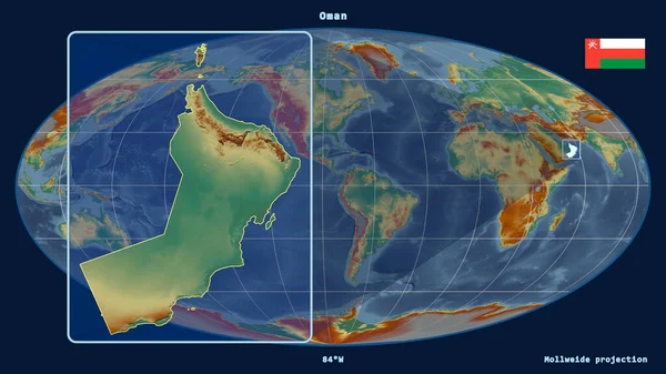 Увеличенный Вид Омана Перспективными Линиями Против Глобальной Карты Проекции Моллвейда — стоковое фото