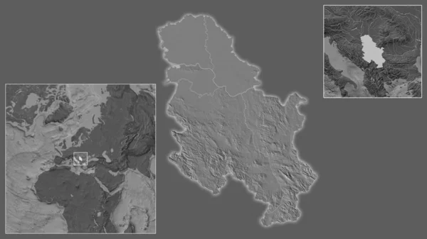 セルビアの閉鎖と地域と大規模な世界地図の中心部に位置しています 標高マップ — ストック写真