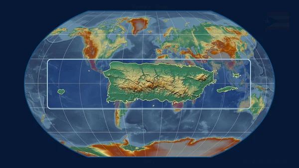 グローバルマップに対するパースペクティブラインを持つプエルトリコのアウトラインの拡大表示 形を中心に 地形図によると — ストック写真