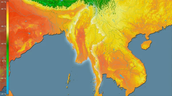 ミャンマー地域内で最も暖かい四半期の平均気温は 伝説との立体投影 光輝く輪郭を持つラスター層の生の組成 — ストック写真