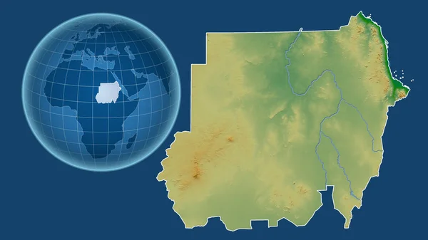 Sudan Globus Kształcie Kraju Powiększonej Mapie Odizolowanym Zarysem Niebieskim Tle — Zdjęcie stockowe