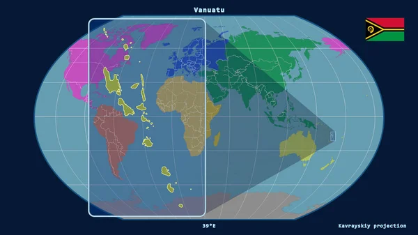 Zbliżenie Kontur Vanuatu Liniami Perspektywicznymi Wobec Globalnej Mapy Projekcji Kavrayskiya — Zdjęcie stockowe
