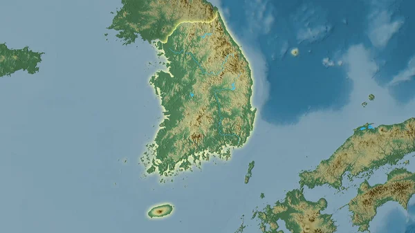 立体投影地形图上的韩国地区 发光轮廓光栅层的原始组成 — 图库照片