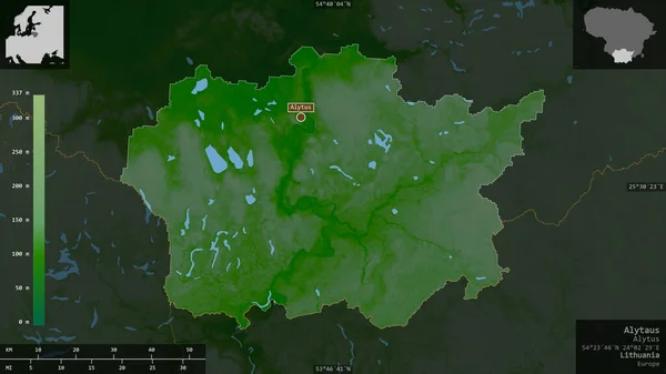 Alytaus 立陶宛县 湖泊和河流的彩色阴影数据 以信息覆盖的形式呈现在其国家区域上 3D渲染 — 图库照片
