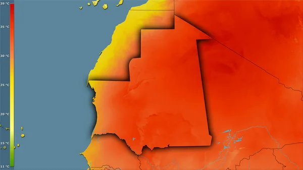 Efsanevi Stereografik Projeksiyonda Moritanya Bölgesinin Sıcak Çeyreğinin Ortalama Sıcaklığı Koyu — Stok fotoğraf