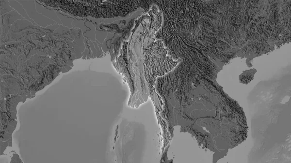 立体投影中斜面高程地图上的缅甸地区 发光轮廓光栅层的原始成分 — 图库照片