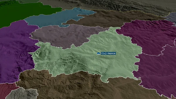 Cluj Contea Romania Ingrandito Evidenziato Con Capitale Mappa Colorata Urtata — Foto Stock