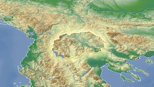 マケドニアとその周辺 遠くの斜めの視点 形状が光った 色物理図 — ストック写真
