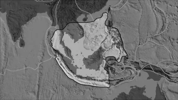 隣接する地域の砂漠化によって分離された二層の標高マップ上のスンダ構造プレートの概要 ヴァン グリンテンI予測 斜めの変換 — ストック写真