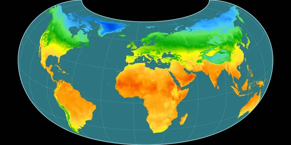 Raisz Armadillo投影中的世界地图以东经11度为中心 平均年温度图 具有满意性能的栅格原料复合材料 3D插图 — 图库照片