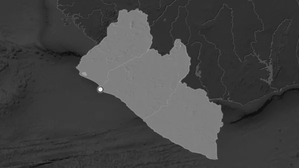 利比里亚重点地区 其邻近地区的荒凉地图上有首都点 Bilevel高地图 — 图库照片