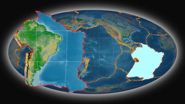 Ameryka Południowa Płyta Tektoniczna Wytłaczana Prezentowana Globalnej Mapie Fizycznej Koloru — Zdjęcie stockowe