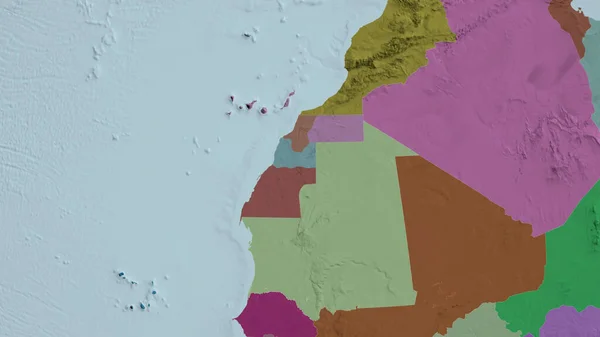 Western Sahara zoomed and neighborhood. Colored and bumped map of the administrative division. 3D rendering