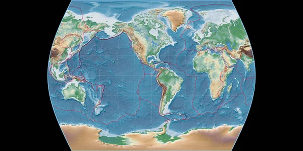时代地图集投影中的世界地图以西经90度为中心 彩色着色着色器 高程图 具有满意和构造板块边界的栅格组合物 3D插图 — 图库照片