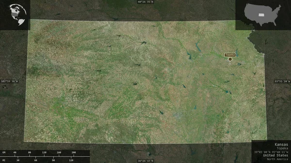 Kansas Stan Kansas Zdjęcia Satelitarne Kształt Przedstawiony Swoim Obszarze Kraju — Zdjęcie stockowe