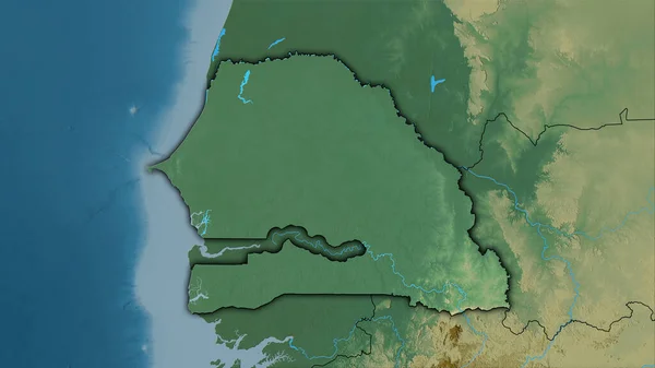立体投影図の地形図上のセネガルエリア 暗い輝線の輪郭を持つラスター層の生の組成 — ストック写真