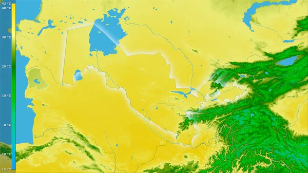 伝説との立体投影におけるウズベキスタン地域内で最も暖かい月の最高温度 光輝く輪郭を持つラスター層の生の組成 — ストック写真