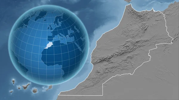 モロッコ アウトラインを持つ拡大地図に対して国の形を持つグローブ グレースケール標高図 — ストック写真