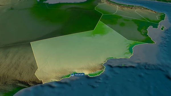 ドファール オマーンの州が拡大し 首都で強調表示されました 主な物理的な風景機能 3Dレンダリング — ストック写真