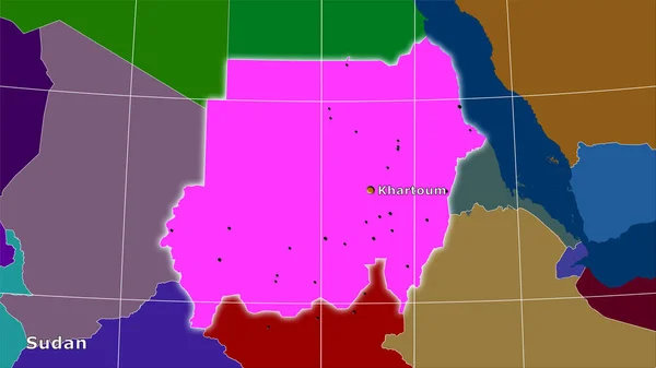 行政区划地图上的苏丹地区立体投影 主要组成 — 图库照片