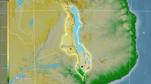 Mapa Físico Dentro Área Malawi Projeção Estereográfica Com Legenda Composição — Fotografia de Stock