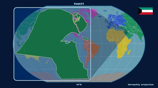 Увеличен Виду Контура Кувейта Перспективными Линиями Против Глобальной Карты Каврайской — стоковое фото