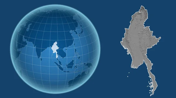Myanmar Globe Tvarem Země Proti Zvětšené Mapě Obrysem Izolovaným Modrém — Stock fotografie
