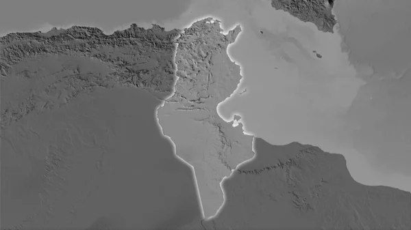 Tunisia area on the bilevel elevation map in the stereographic projection - raw composition of raster layers with light glowing outline