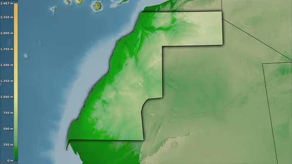 凡例付きの立体投影における西サハラエリア内の物理的なマップ 暗い輝く輪郭を持つラスター層の生の組成 — ストック写真