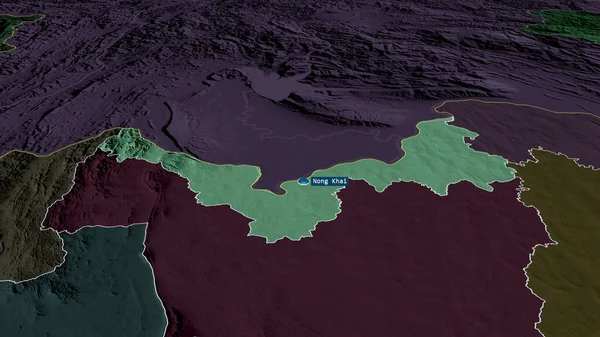 タイの省であるNong Khaiは 首都で拡大して強調表示されました 行政区画の色と衝突した地図 3Dレンダリング — ストック写真