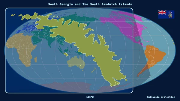 Увеличенный Вид Южной Георгии Перспективными Линиями Против Глобальной Карты Проекции — стоковое фото
