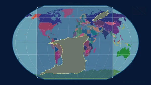 トリニダード トバゴを視野に入れつつ拡大し カヴァライスキーの投影における世界地図に対する遠近法線で輪郭を描きます 形を中心に 行政区画のカラーマップ — ストック写真