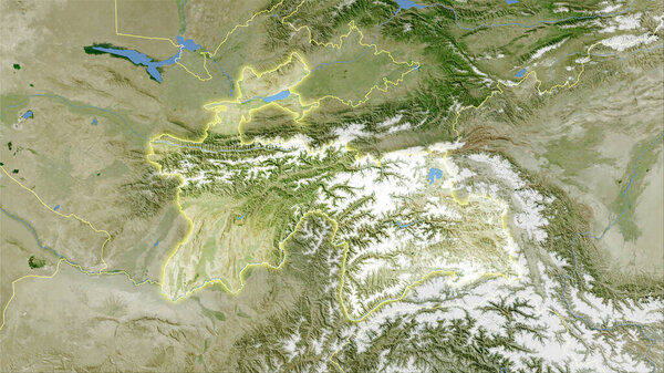 Tajikistan area on the satellite B map in the stereographic projection - raw composition of raster layers with light glowing outline