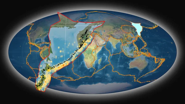 Okhotská Tektonická Deska Protáhla Prezentovala Proti Globální Topografické Mapě Mollweidské — Stock fotografie