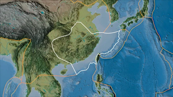 Obrys Tektonické Desky Yangtze Okraje Přilehlých Desek Topografické Mapě Van — Stock fotografie