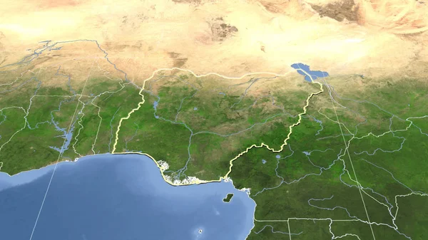 Nigeria Its Neighborhood Distant Oblique Perspective Shape Outlined Satellite Imagery — Stock Photo, Image