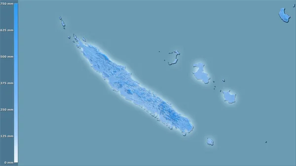 新喀里多尼亚地区内最寒冷的地区在立体投影中的降水量 明亮轮廓的栅格层的原始组成 — 图库照片