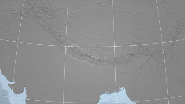 Nepalu Sąsiedztwo Odległa Perspektywa Zarysem Kraju Mapa Elewacji Skali Szarej — Zdjęcie stockowe