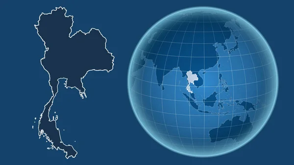 Таїланд Глобус Формі Країни Проти Збільшеної Карти Контуром Ізольованим Синьому — стокове фото