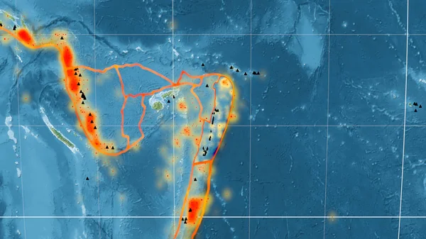 Plaque Tectonique Tonga Tracée Sur Carte Topographique Globale Dans Projection — Photo