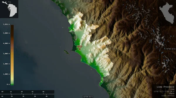 Provincia Lima Provincia Perú Datos Sombreado Colores Con Lagos Ríos — Foto de Stock