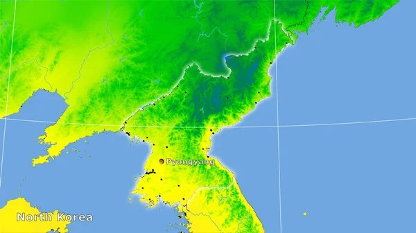 立体投影の年間温度マップ上の北朝鮮エリア 主な組成 — ストック写真