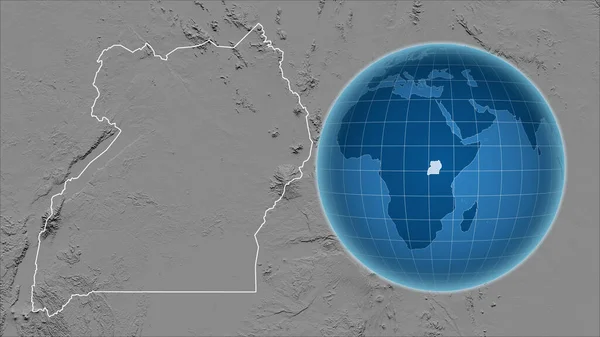 Uganda Globo Con Forma Del País Contra Mapa Ampliado Con — Foto de Stock