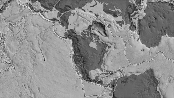 Tektonik plakalar, Kuzey Amerika plaka alanına komşu bölgelerin bilek yüksekliği haritasında yer almaktadır. Van der Grinten I yansıması (eğik dönüşüm)