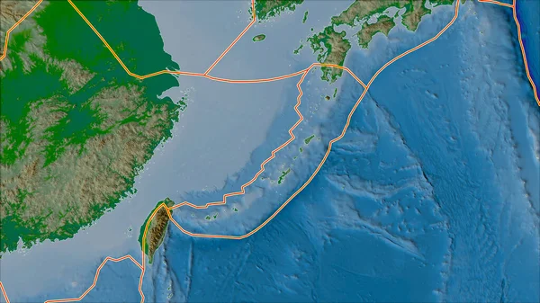 沖縄プレートエリアに隣接する地域の物理的地図上の構造プレートの境界 ヴァン グリンテンI予測 斜めの変換 — ストック写真